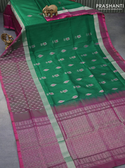 Pure uppada silk saree green and dark magenta pink with silver zari woven floral buttas and silver zari woven paisley butta border