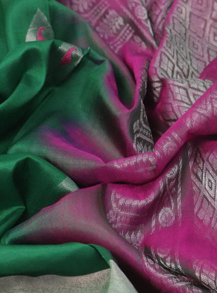 Pure uppada silk saree green and dark magenta pink with silver zari woven floral buttas and silver zari woven paisley butta border