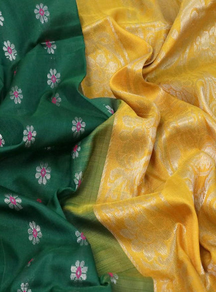 Pure uppada silk saree dark green and mustard yellow with allover thread & silver zari woven floral buttas and silver zari woven simple border