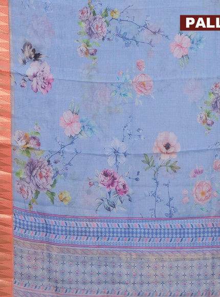 Banarasi kota saree light blue and peach orange with allover floral digital prints and temple design rettapet zari woven border