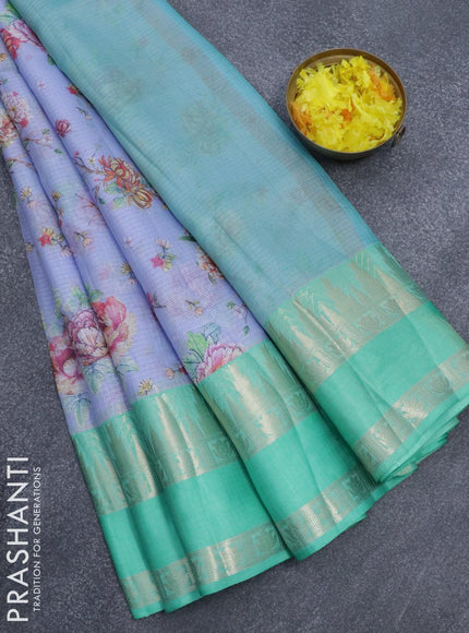 Banarasi kota saree blue shade and teal green with floral digital prints and rettapet zari woven border