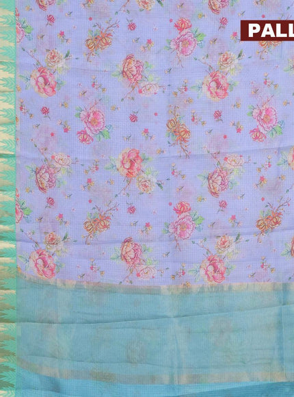 Banarasi kota saree blue shade and teal green with floral digital prints and rettapet zari woven border