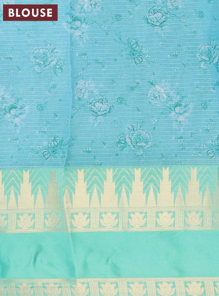 Banarasi kota saree blue shade and teal green with floral digital prints and rettapet zari woven border