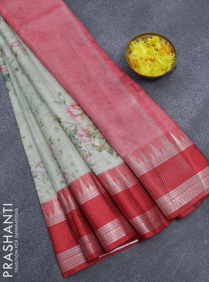 Banarasi kota saree pista green and red with allover floral digital prints and rettapet silver zari woven border