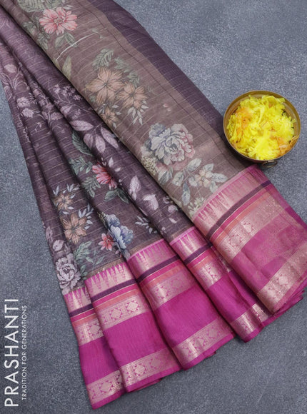 Banarasi kota saree dark brown and purple with allover digital prints & zari stripes pattern and temple design rettapet zari woven border