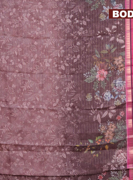 Banarasi kota saree dark brown and purple with allover digital prints & zari stripes pattern and temple design rettapet zari woven border