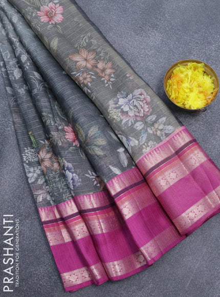 Banarasi kota saree grey and purple with allover digital prints & zari stripes pattern and temple design rettapet zari woven border