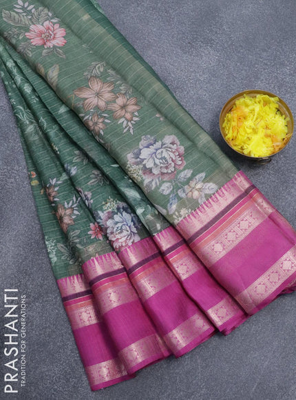 Banarasi kota saree sap green and purple with allover digital prints & zari stripes pattern and temple design rettapet zari woven border