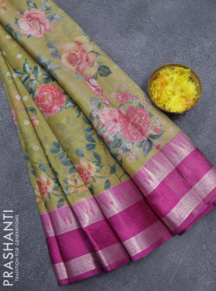 Banarasi kota saree mehendi green and purple with allover digital prints & zari stripes pattern and temple design rettapet zari woven border