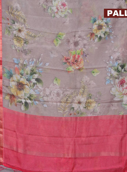 Banarasi kota saree grey and red with floral digital prints and rettapet zari woven border