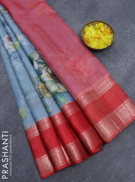 Banarasi kota saree bluish grey and red with floral digital prints and rettapet zari woven border