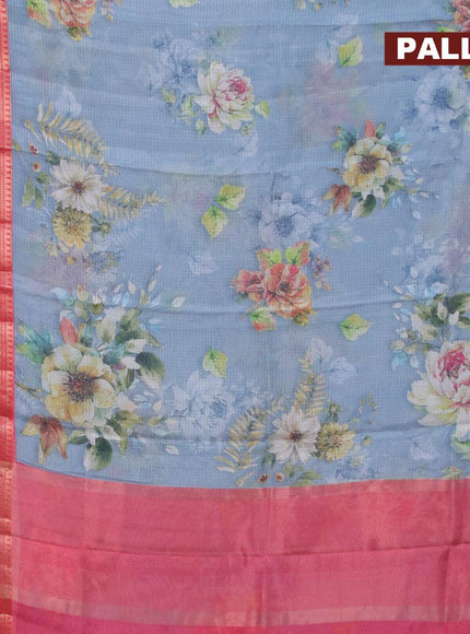 Banarasi kota saree bluish grey and red with floral digital prints and rettapet zari woven border