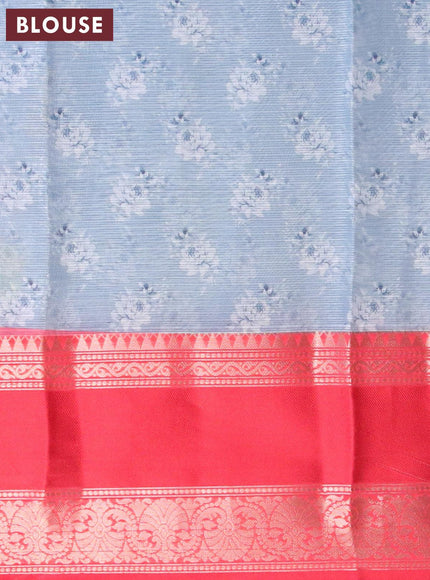 Banarasi kota saree bluish grey and red with floral digital prints and rettapet zari woven border