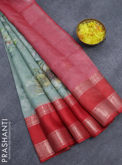 Banarasi kota saree pastel green and red with floral digital prints and rettapet zari woven border