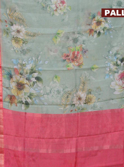 Banarasi kota saree pastel green and red with floral digital prints and rettapet zari woven border