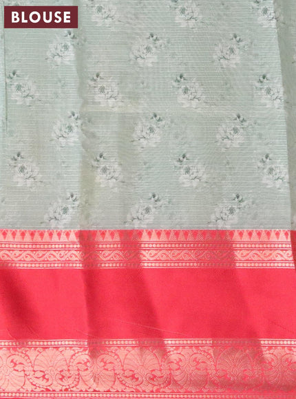 Banarasi kota saree pastel green and red with floral digital prints and rettapet zari woven border