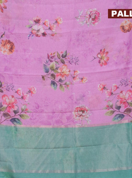 Banarasi kota saree light pink and teal green with floral digital prints and rettapet silver zari woven border