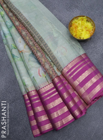 Banarasi kota saree pastel green and purple with floral digital prints & zari stripes pattern and zari woven border