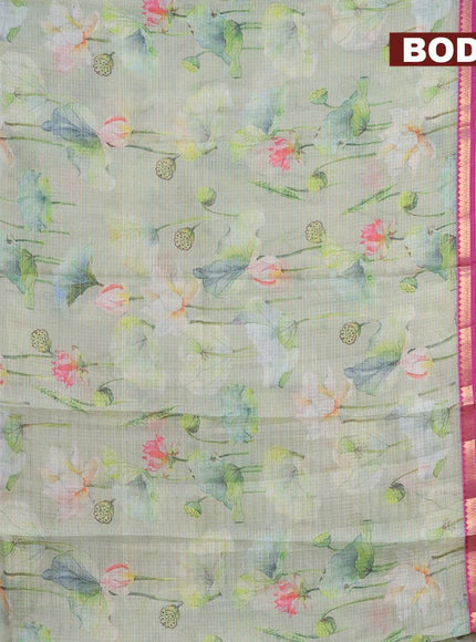 Banarasi kota saree pastel green and purple with floral digital prints & zari stripes pattern and zari woven border