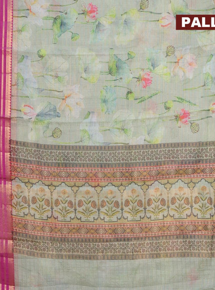 Banarasi kota saree pastel green and purple with floral digital prints & zari stripes pattern and zari woven border