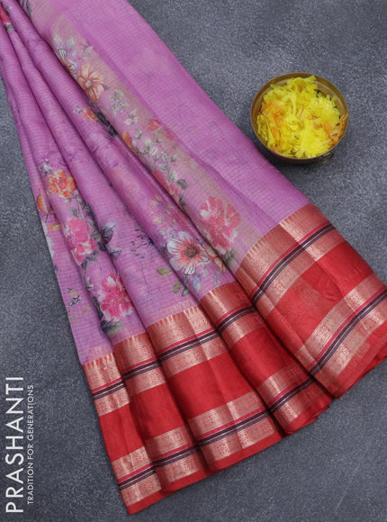 Banarasi kota saree light pink and red with floral digital prints and rettapet zari woven border