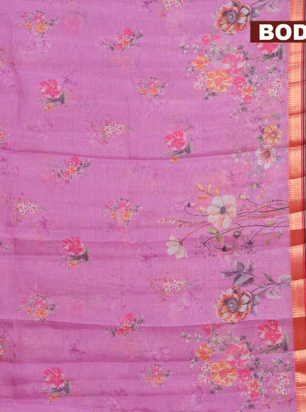 Banarasi kota saree light pink and red with floral digital prints and rettapet zari woven border