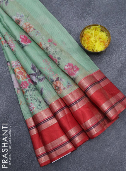 Banarasi kota saree light green and red with floral digital prints and rettapet zari woven border