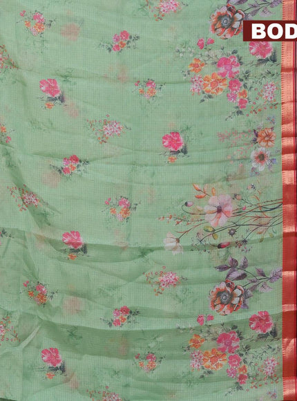 Banarasi kota saree light green and red with floral digital prints and rettapet zari woven border