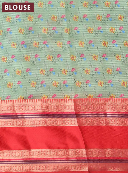 Banarasi kota saree light green and red with floral digital prints and rettapet zari woven border