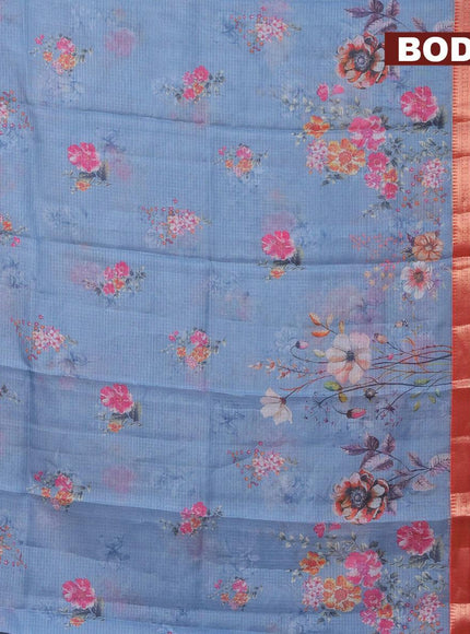 Banarasi kota saree bluish grey and red with floral digital prints and rettapet zari woven border