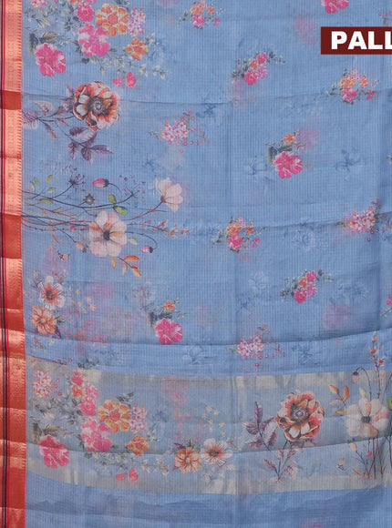 Banarasi kota saree bluish grey and red with floral digital prints and rettapet zari woven border