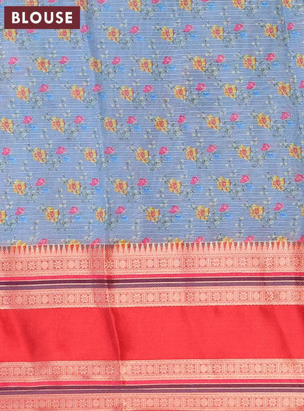 Banarasi kota saree bluish grey and red with floral digital prints and rettapet zari woven border