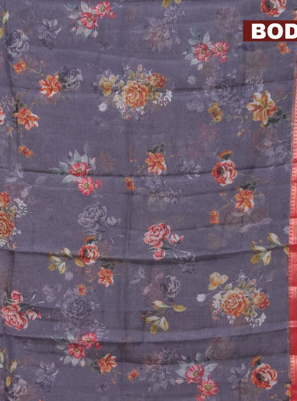 Banarasi kota saree grey and red with floral digital prints and rettapet zari woven border