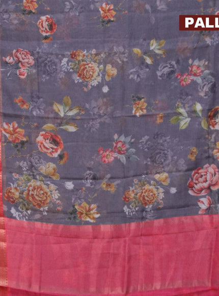 Banarasi kota saree grey and red with floral digital prints and rettapet zari woven border