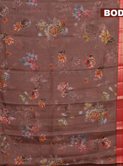 Banarasi kota saree dark brown and red with floral digital prints and rettapet zari woven border