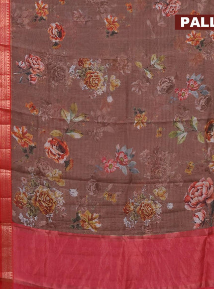 Banarasi kota saree dark brown and red with floral digital prints and rettapet zari woven border