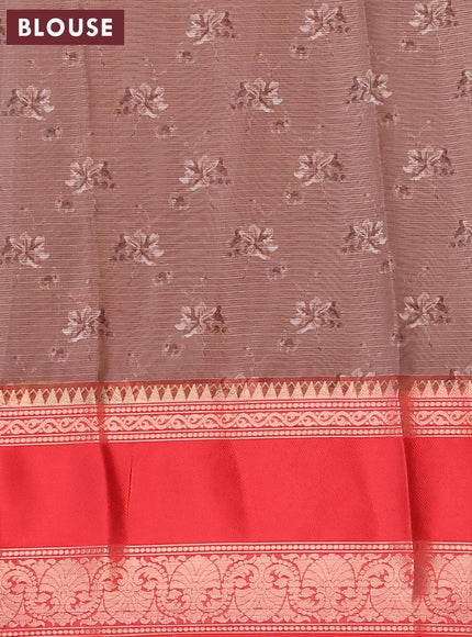 Banarasi kota saree dark brown and red with floral digital prints and rettapet zari woven border