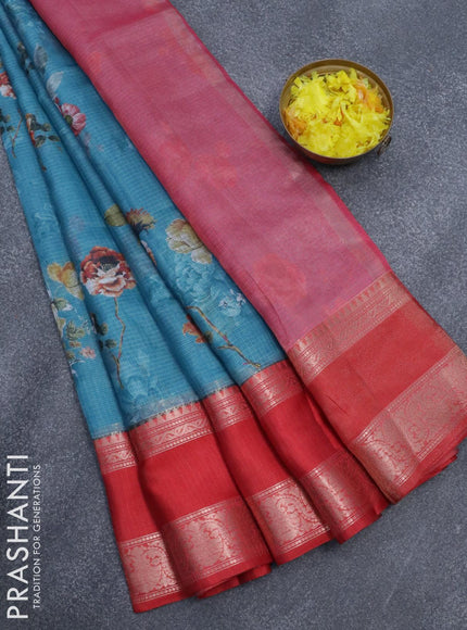 Banarasi kota saree blue and red with floral digital prints and rettapet zari woven border