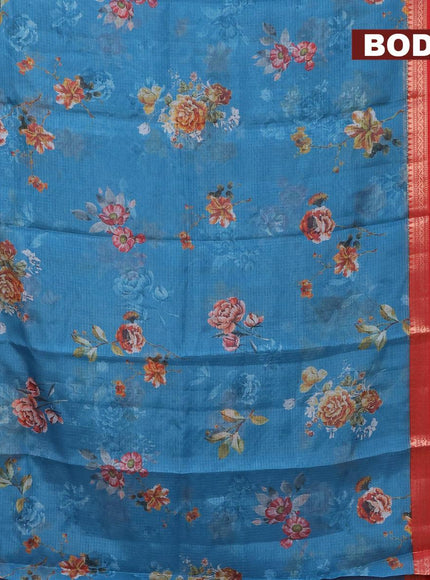 Banarasi kota saree blue and red with floral digital prints and rettapet zari woven border