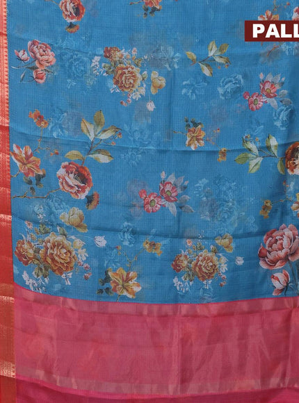 Banarasi kota saree blue and red with floral digital prints and rettapet zari woven border