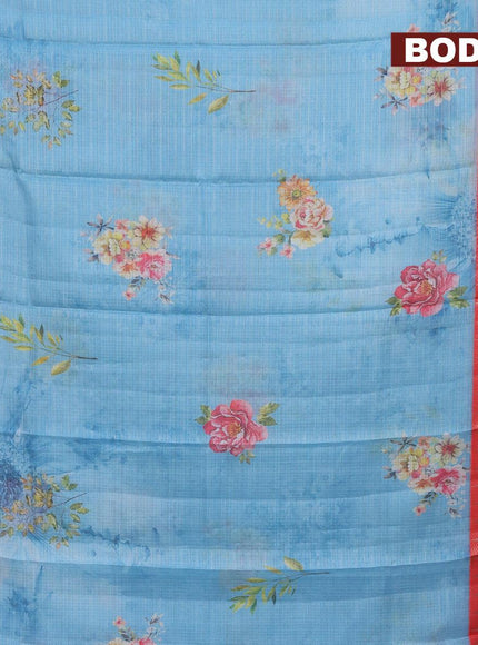 Banarasi kota saree light blue and red with floral digital prints & zari stripes pattern and rettapet silver rettapet zari woven border