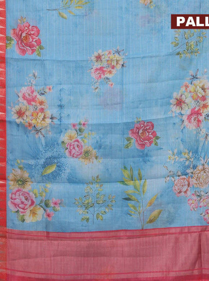 Banarasi kota saree light blue and red with floral digital prints & zari stripes pattern and rettapet silver rettapet zari woven border