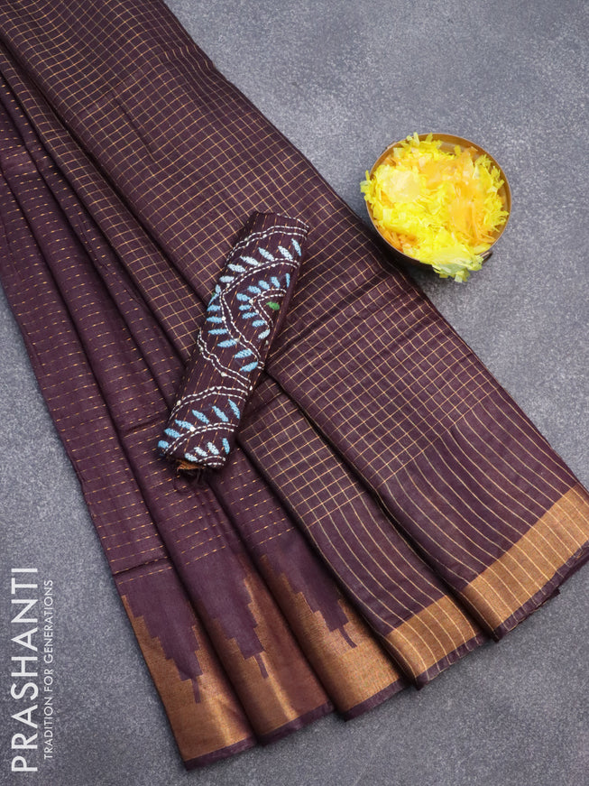 Semi tussar saree deep wine shade with allover zari weaves and temple design zari woven border & embroidery work blouse