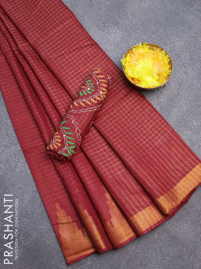 Semi tussar saree maroon with allover zari weaves and temple design zari woven border & embroidery work blouse