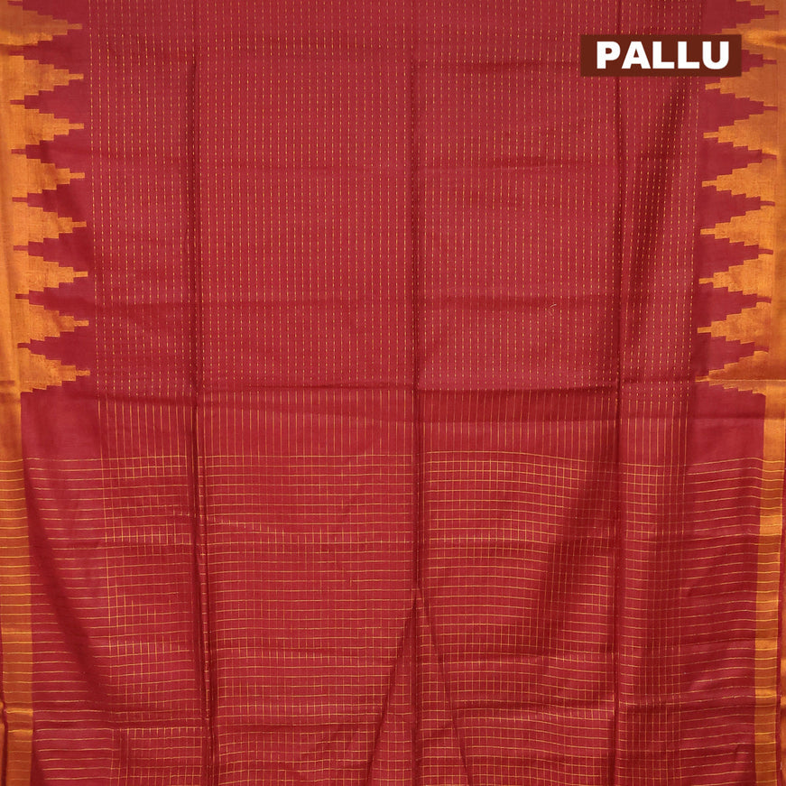 Semi tussar saree maroon with allover zari weaves and temple design zari woven border & embroidery work blouse