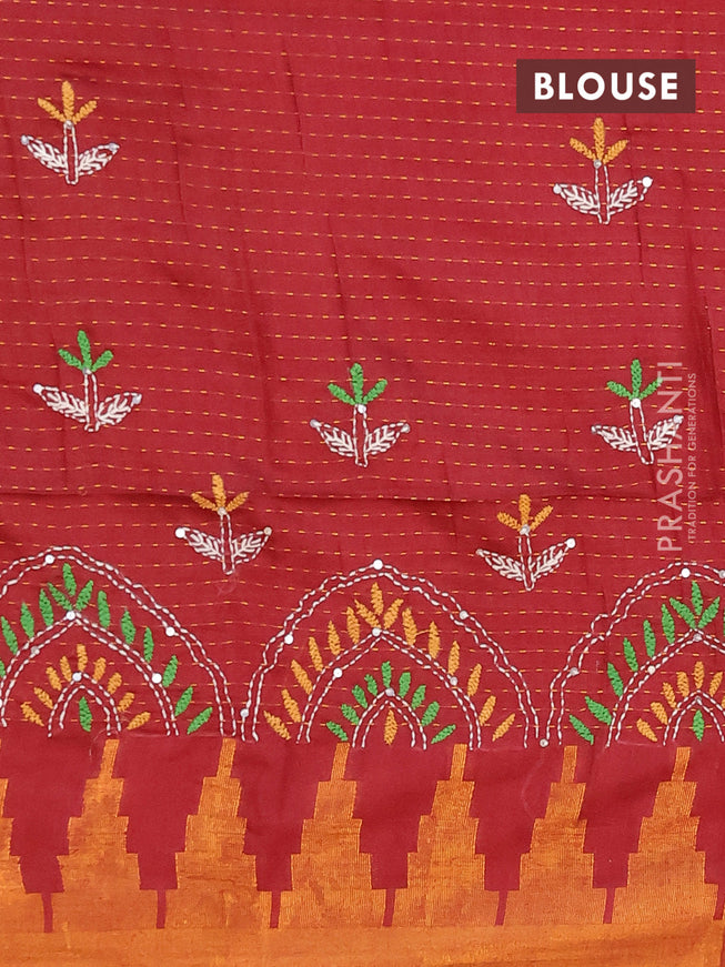 Semi tussar saree maroon with allover zari weaves and temple design zari woven border & embroidery work blouse