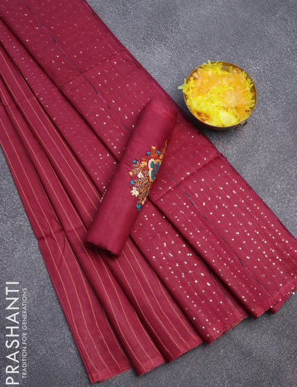 Semi tussar saree maroon with allover thread weaves and sequin work pallu & embroidery work blouse