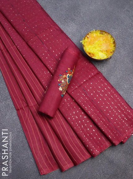 Semi tussar saree maroon with allover thread weaves and sequin work pallu & embroidery work blouse