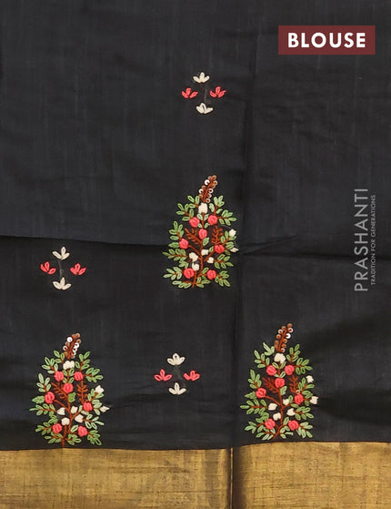 Semi tussar saree black with allover thread weaves and sequin work pallu & embroidery work blouse