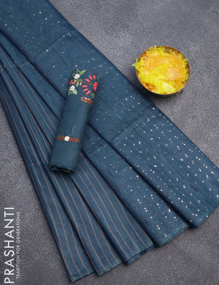 Semi tussar saree peacock blue with allover thread weaves and sequin work pallu & embroidery work blouse